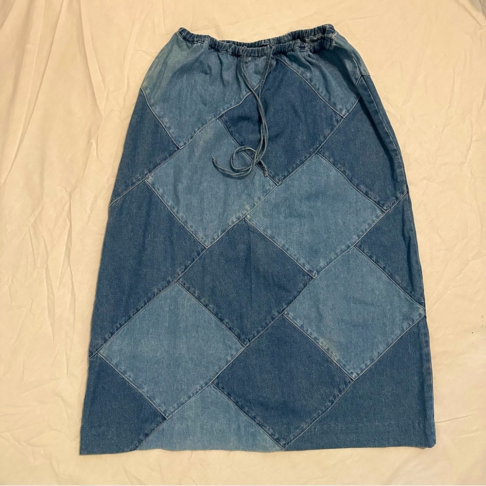 Vintage Drawstring Denim Patchwork Midi/Maxi Skirt